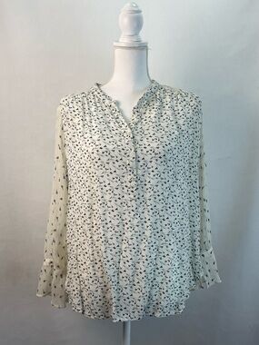 Lucky Brand Women's Mix Print Floral Peasant Top Boho Sheer Flare Sleeve Blouse